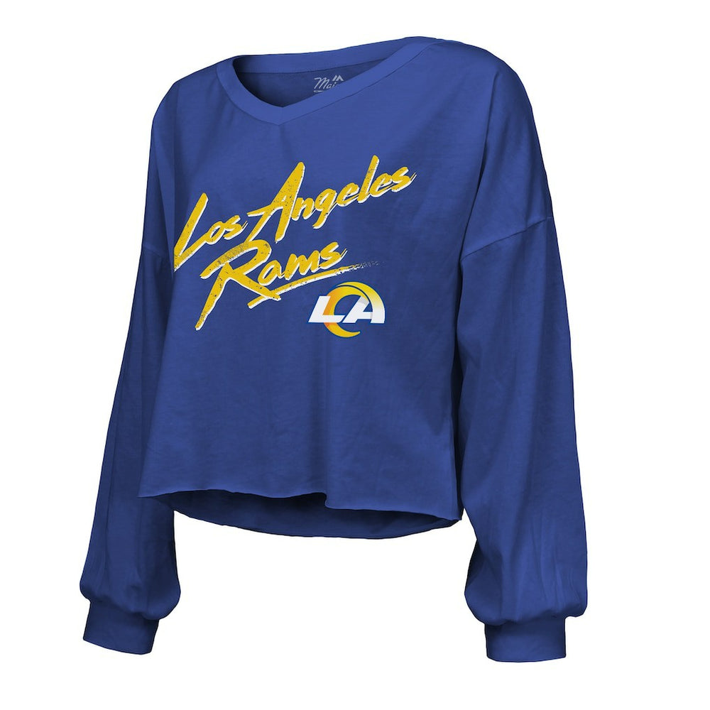 Puka Nacua Los Angeles Rams Majestic Threads Women's Off-Shoulder Script Player Name & Number Cropped Long Sleeve V-Neck T-Shirt - Royal outlet
