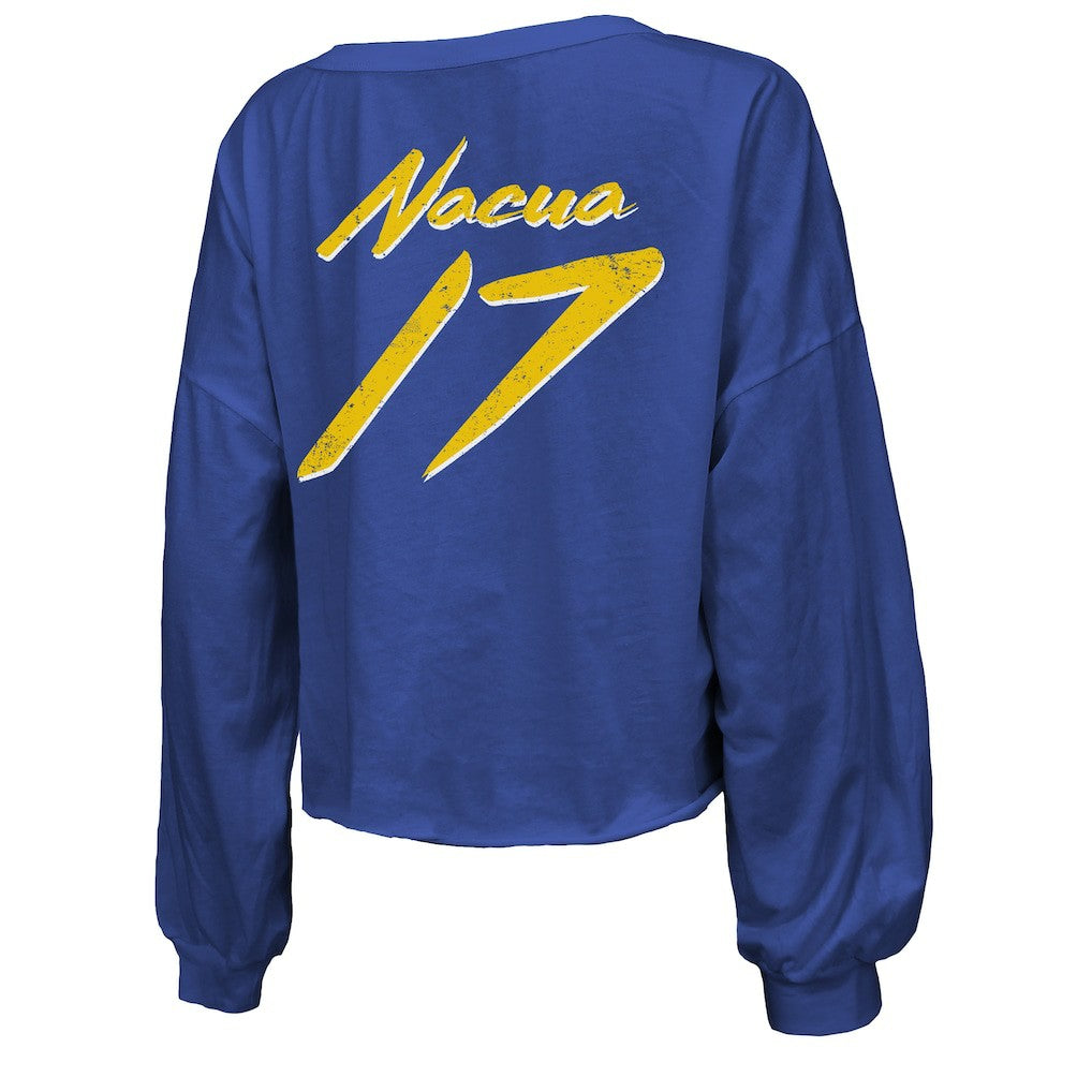 Puka Nacua Los Angeles Rams Majestic Threads Women's Off-Shoulder Script Player Name & Number Cropped Long Sleeve V-Neck T-Shirt - Royal outlet
