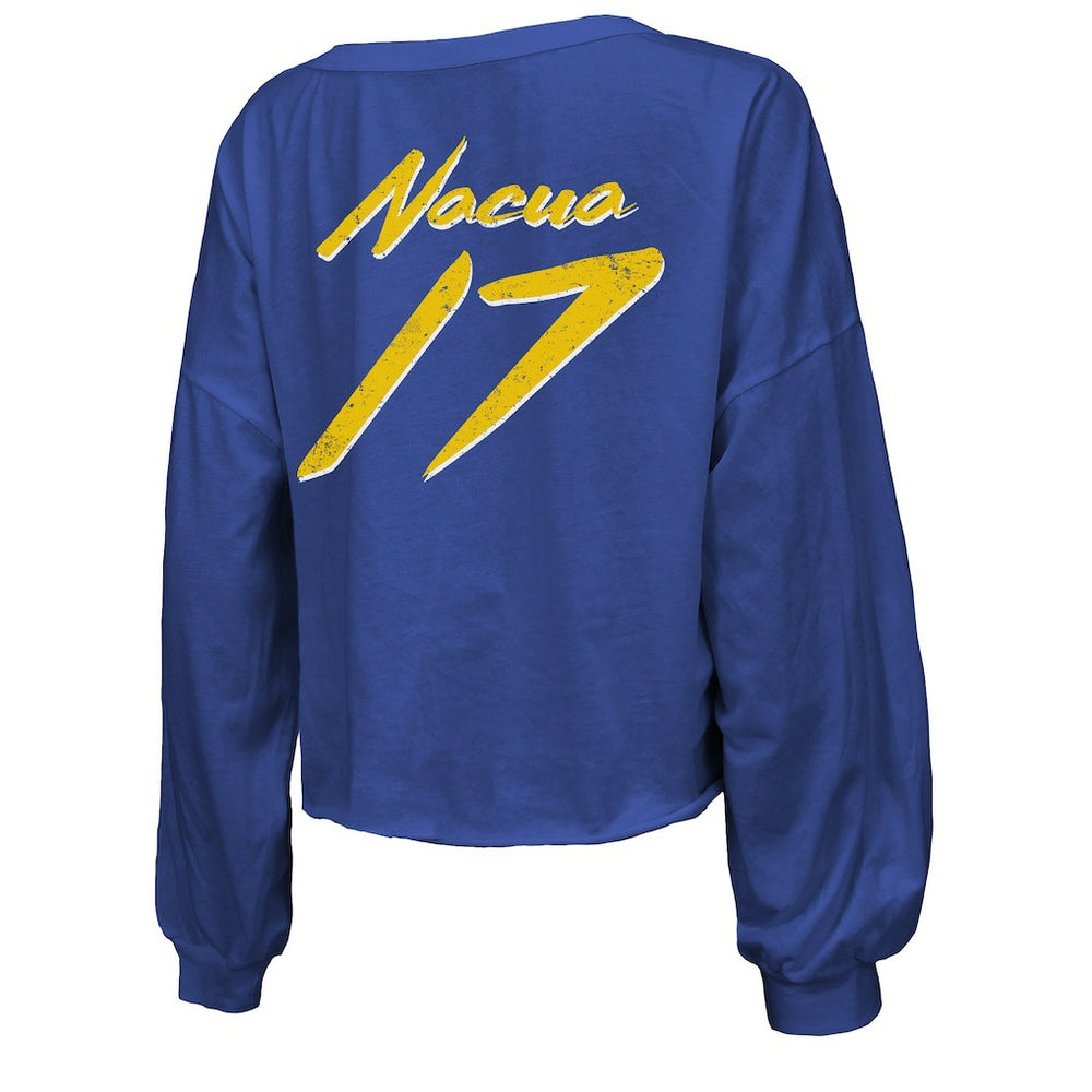 Puka Nacua Los Angeles Rams Majestic Threads Women's Off-Shoulder Script Player Name & Number Cropped Long Sleeve V-Neck T-Shirt - Royal outlet