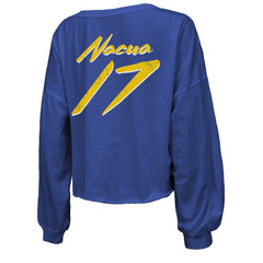 Puka Nacua Los Angeles Rams Majestic Threads Women's Off-Shoulder Script Player Name & Number Cropped Long Sleeve V-Neck T-Shirt - Royal outlet