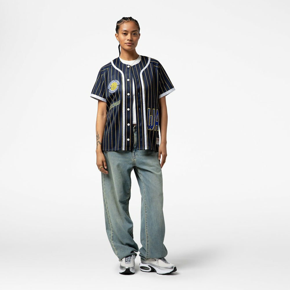 Golden State Warriors x DANNIJO Women's Fashion Baseball Jersey sale - Blue | Mitchell & Ness cheap