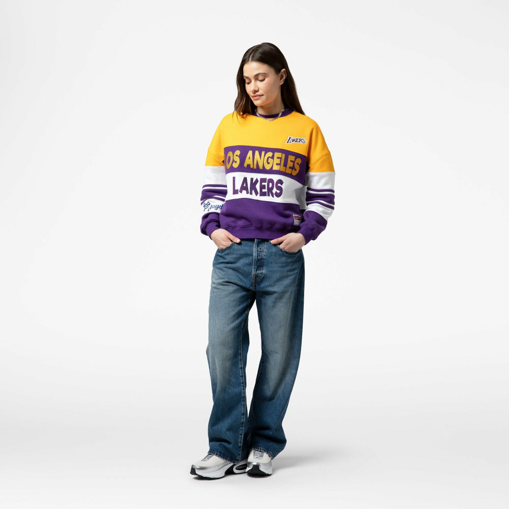 Los Angeles Lakers x DANNIJO Women's Blocked Pullover Sweatshirt - Gold/Purple | Mitchell & Ness discount