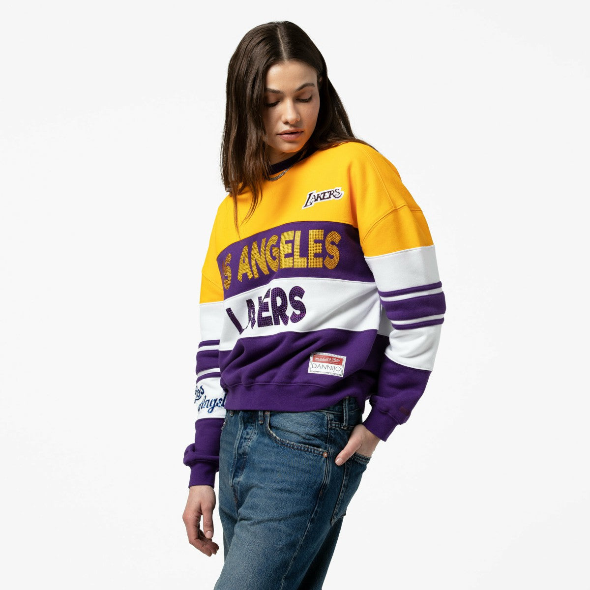 Los Angeles Lakers x DANNIJO Women's Blocked Pullover Sweatshirt - Gold/Purple | Mitchell & Ness discount