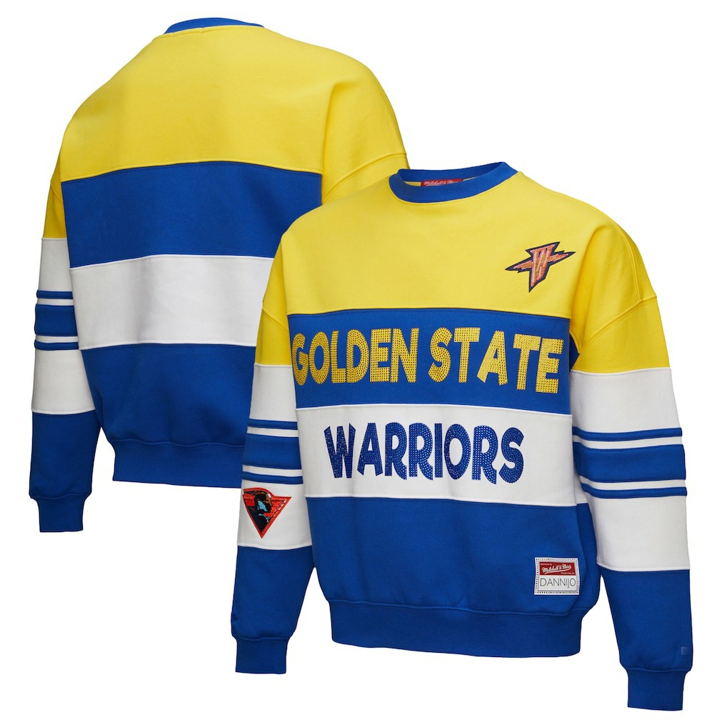 Golden State Warriors x DANNIJO Women's Blocked Pullover Sweatshirt sale - Gold/Royal | Mitchell & Ness outlet