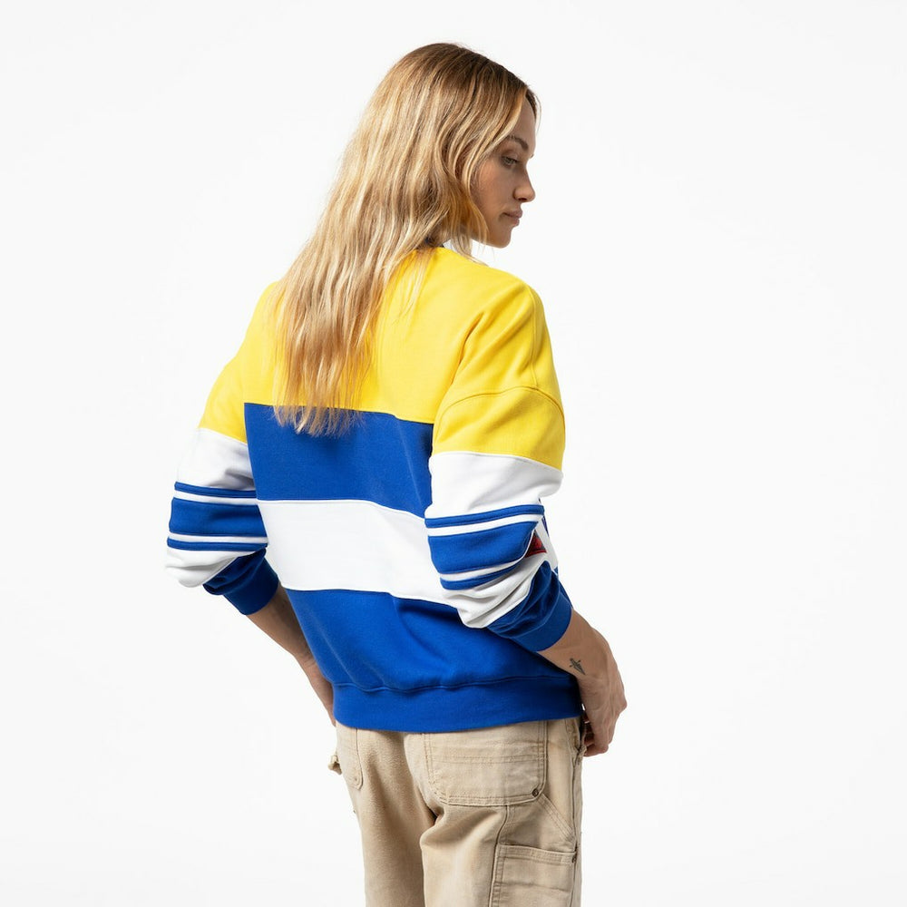 Golden State Warriors x DANNIJO Women's Blocked Pullover Sweatshirt sale - Gold/Royal | Mitchell & Ness outlet