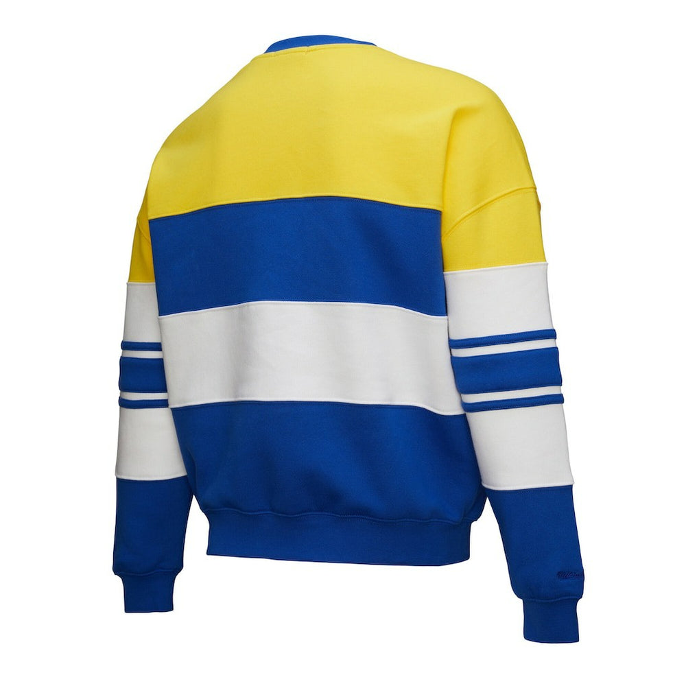 Golden State Warriors x DANNIJO Women's Blocked Pullover Sweatshirt sale - Gold/Royal | Mitchell & Ness outlet