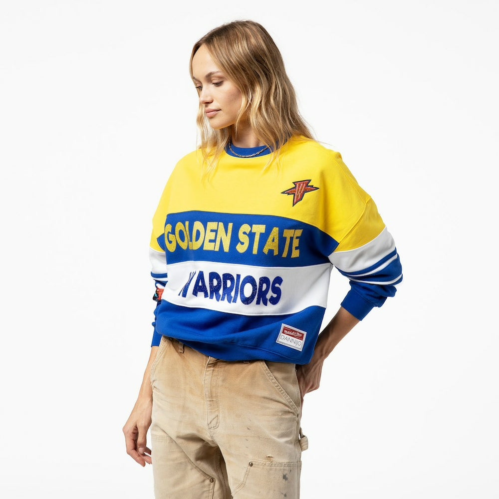 Golden State Warriors x DANNIJO Women's Blocked Pullover Sweatshirt sale - Gold/Royal | Mitchell & Ness outlet
