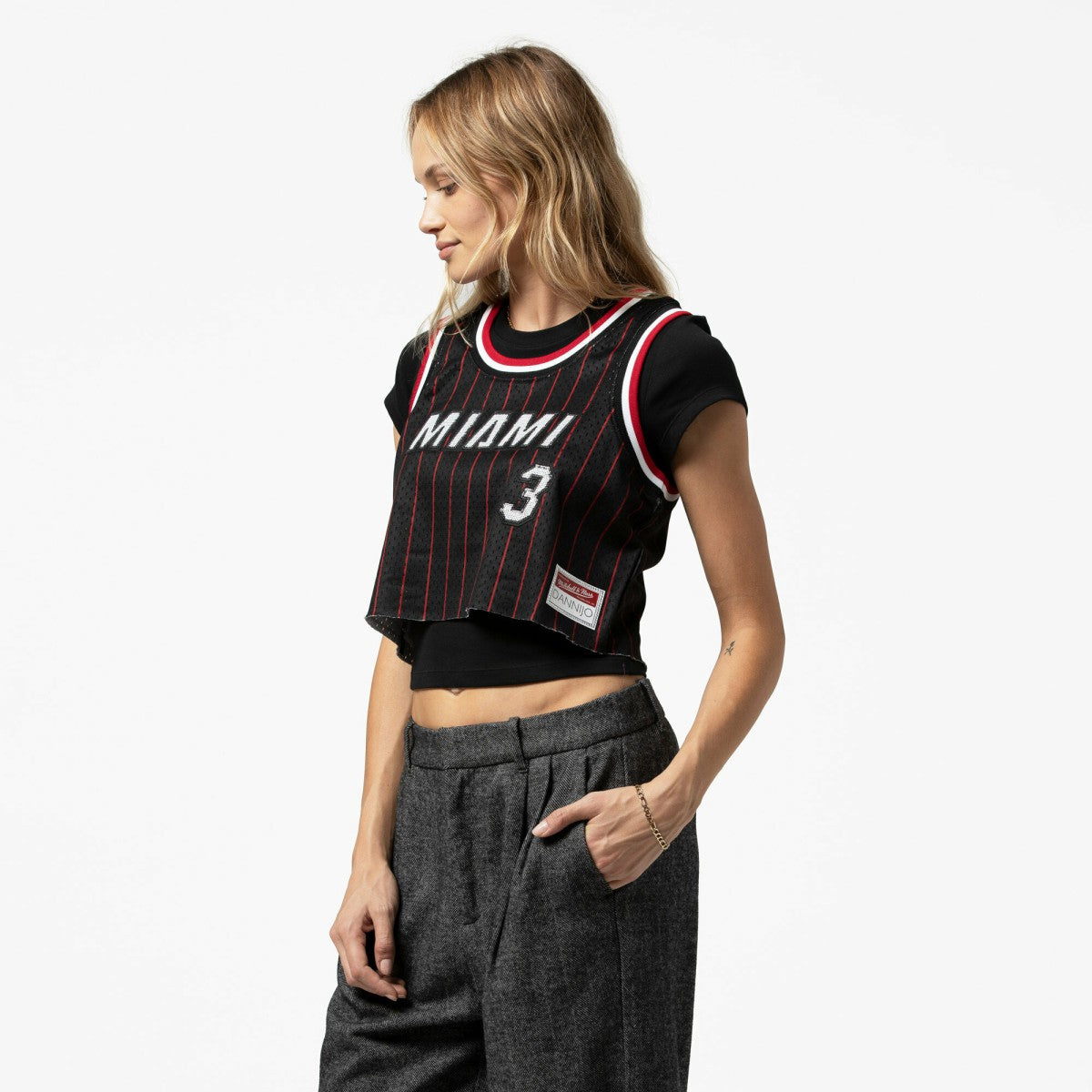 Dwyane Wade Miami Heat x DANNIJO Women's Fashion Cropped Basketball Jersey - Black | Mitchell & Ness discount