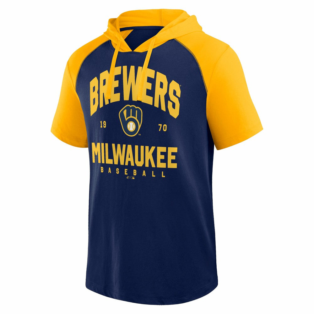 Milwaukee Brewers Logo Athletic Prime Raglan Short Sleeve Hoodie T-Shirt - Navy