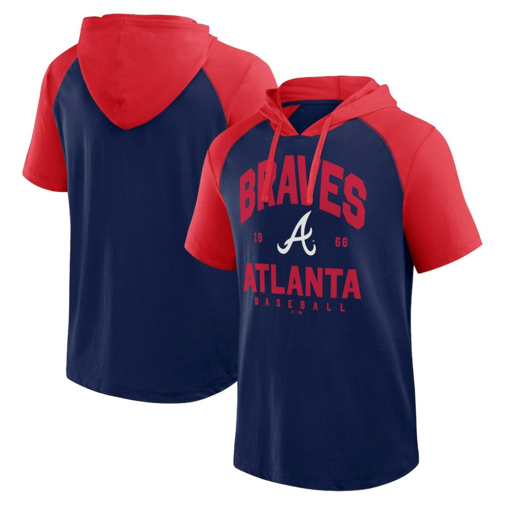 Atlanta Braves Logo Athletic Prime Raglan Short Sleeve Hoodie T-Shirt - Navy