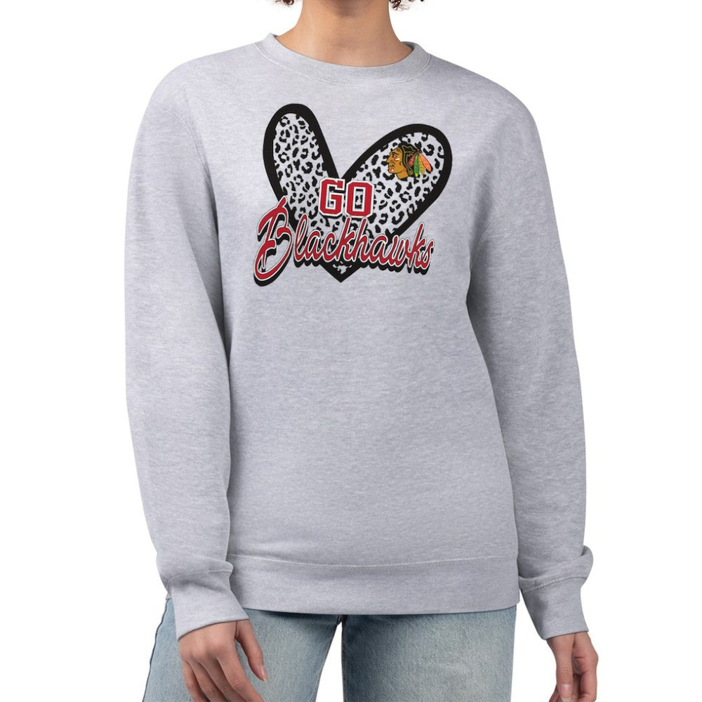 Chicago Blackhawks G-III 4Her by Carl Banks Women's Animal Print Heart Fleece Pullover Sweatshirt Heather Gray