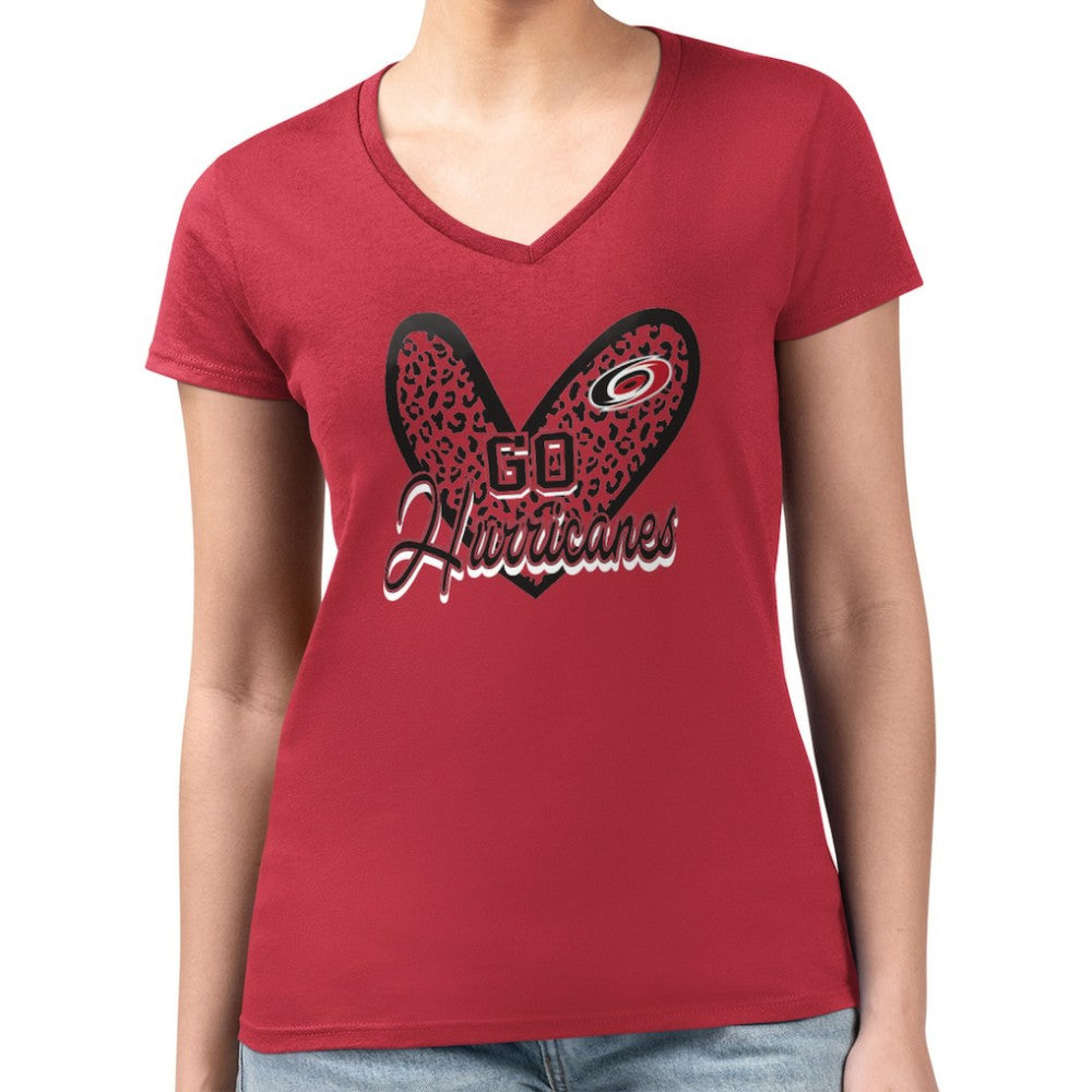 Carolina Hurricanes G-III 4Her by Carl Banks Women's Super-Slim Fit Lightweight Animal Print Heart V-Neck T-Shirt Red