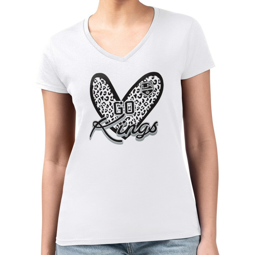 Los Angeles Kings G-III 4Her by Carl Banks Women's Super-Slim Fit Lightweight Animal Print Heart V-Neck T-Shirt White