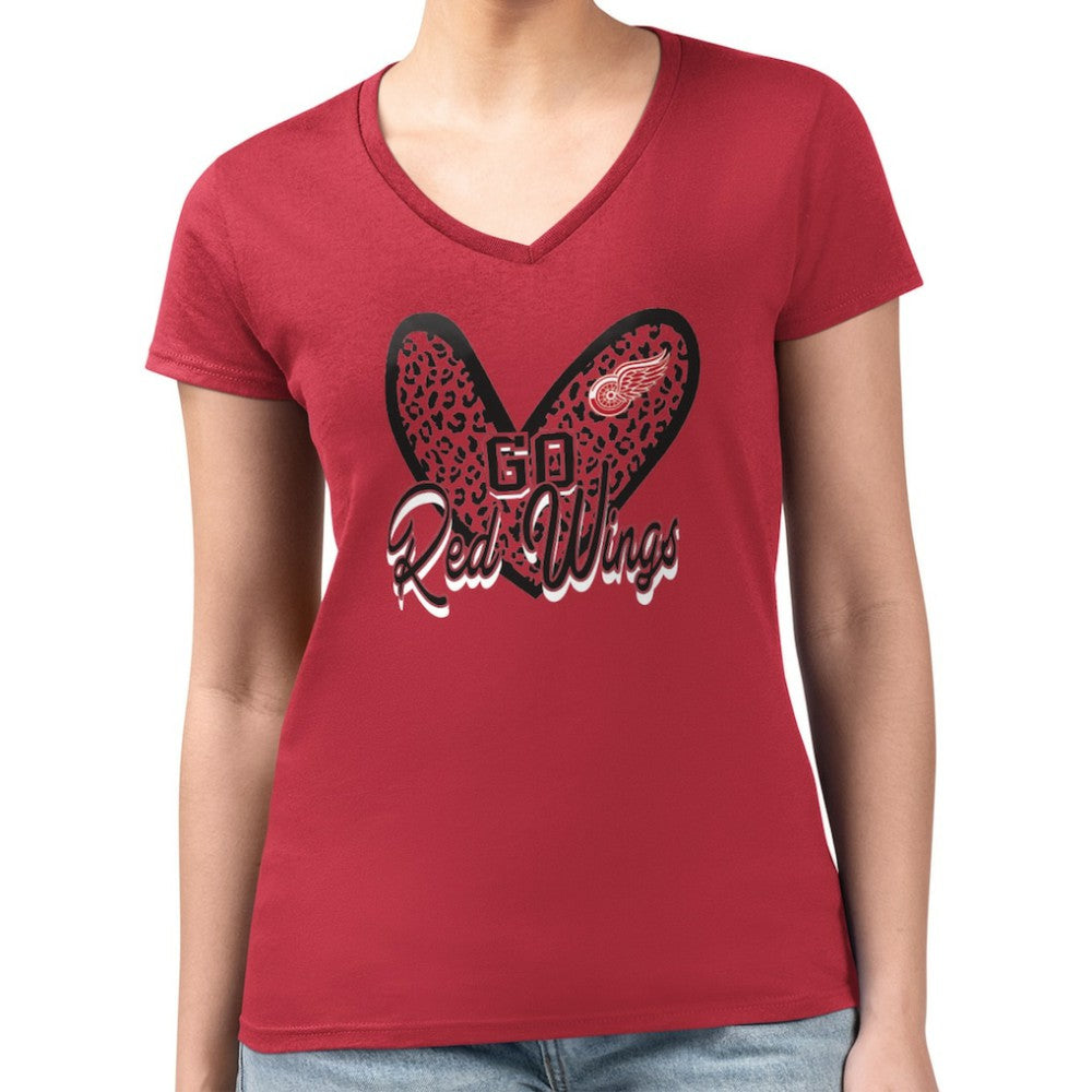 Detroit Red Wings G-III 4Her by Carl Banks Women's Super-Slim Fit Lightweight Animal Print Heart V-Neck T-Shirt Red