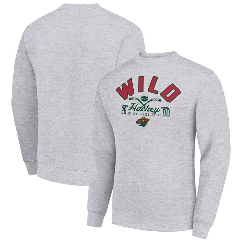 Minnesota Wild Starter Stick And Puck Logo Fleece Pullover Sweatshirt Heather Gray