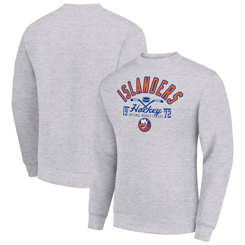 New York Islanders Starter Stick And Puck Logo Fleece Pullover Sweatshirt Heather Gray
