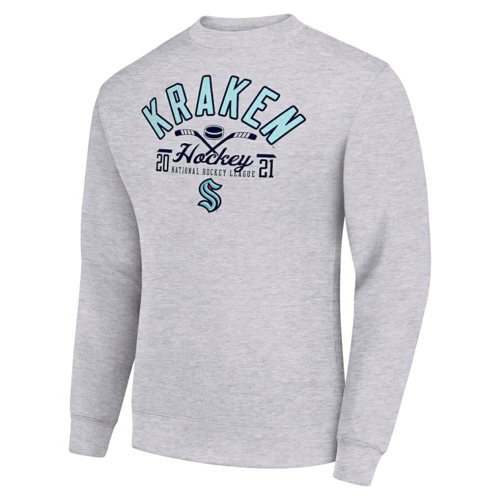 Seattle Kraken Starter Stick And Puck Logo Fleece Pullover Sweatshirt Heather Gray