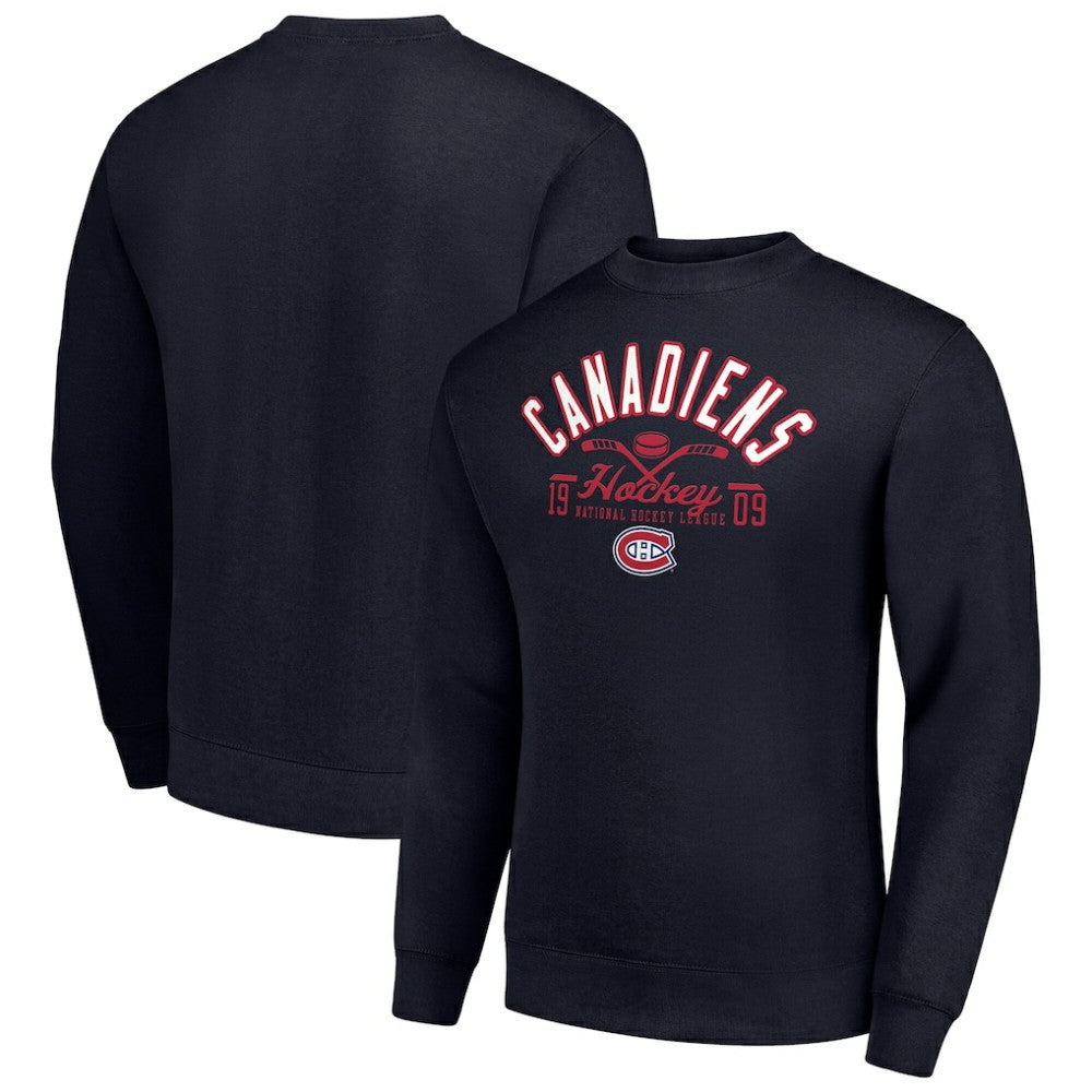 Montreal Canadiens Starter Stick And Puck Logo Fleece Pullover Sweatshirt Navy