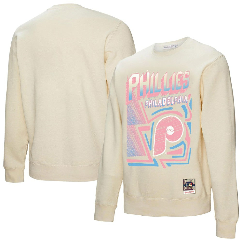 Philadelphia Phillies Sidewalk Sketch Pullover Sweatshirt - Cream | Mitchell & Ness
