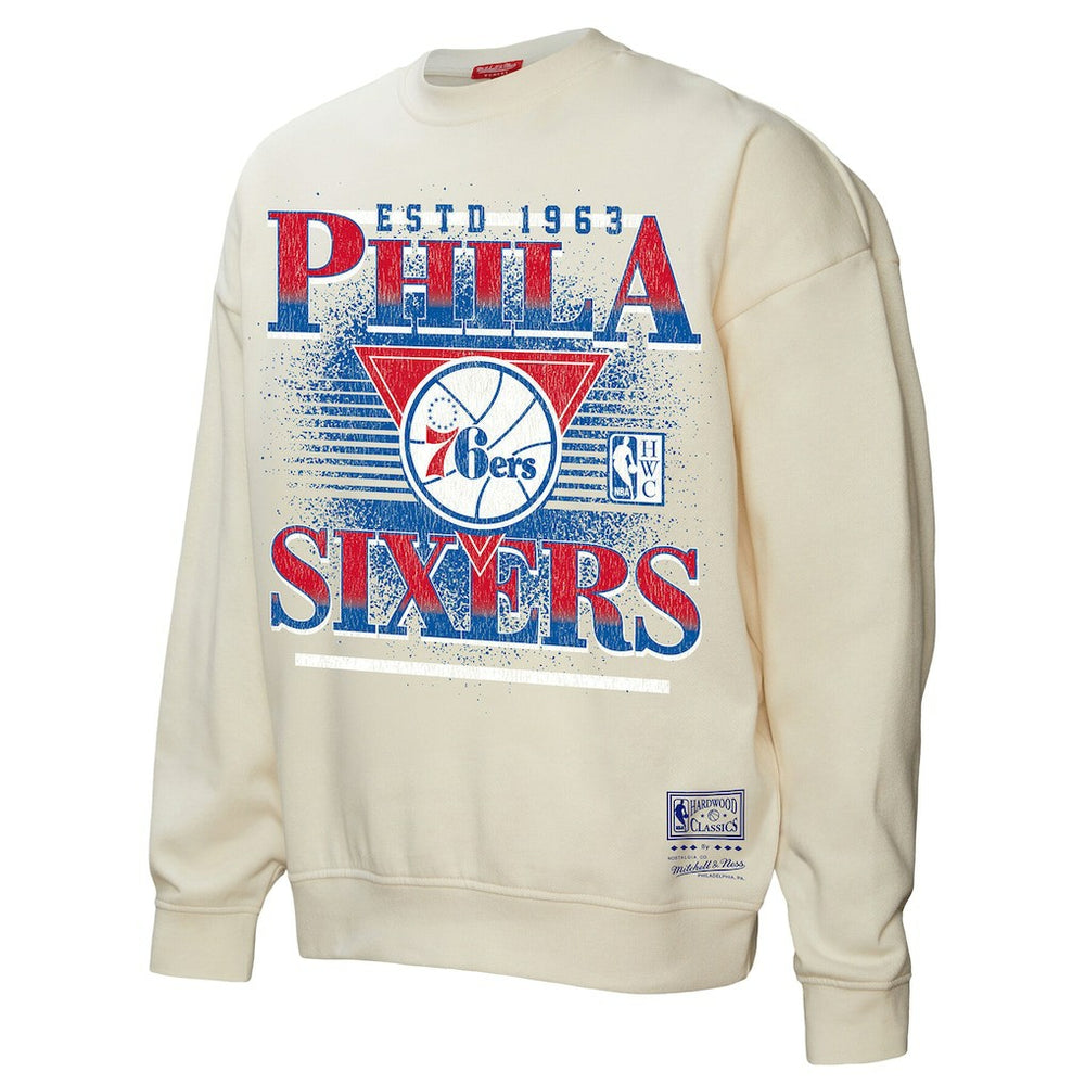 Philadelphia 76ers Women's Oversprayed Pullover Sweatshirt - Cream | Mitchell & Ness cheap