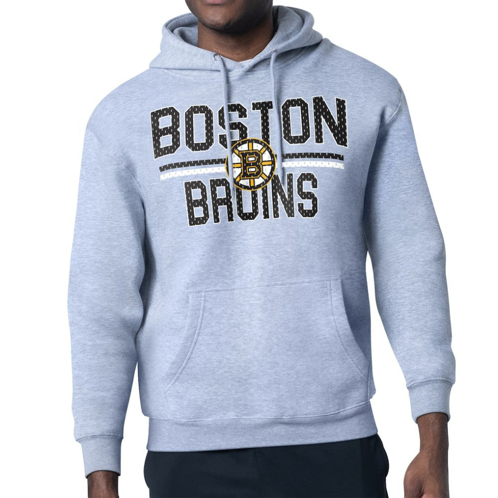 Boston Bruins Starter Mesh Look Team Name Logo Tri-Blend Pullover Hoodie Heather Gray