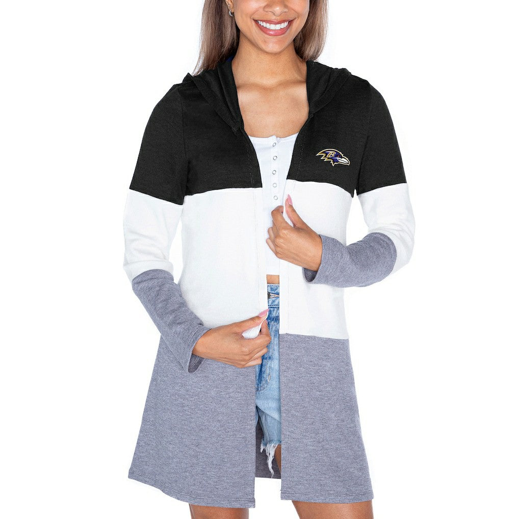 Baltimore Ravens Gameday Couture Women's Tri-Blend Color Block Lightweight Cardigan Hoodie - Black for sale