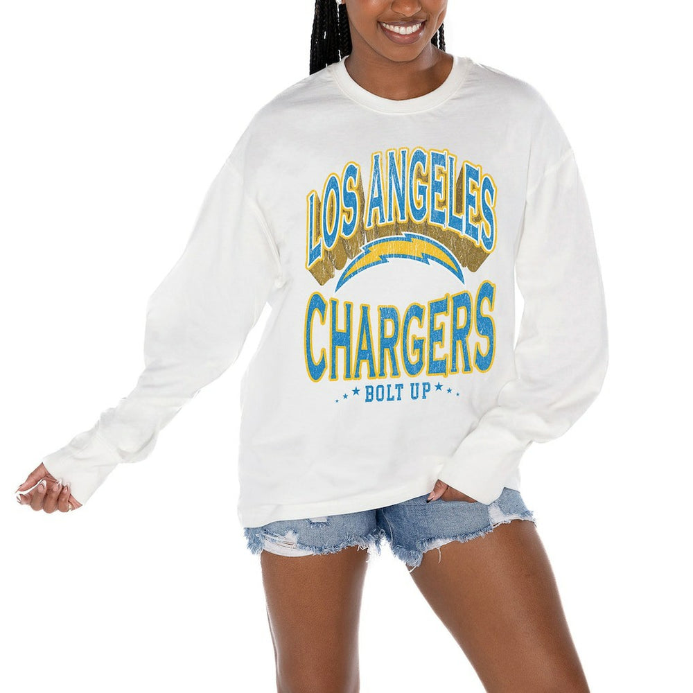 Los Angeles Chargers Gameday Couture Women's Time Out Oversized Long Sleeve T-Shirt - White for sale