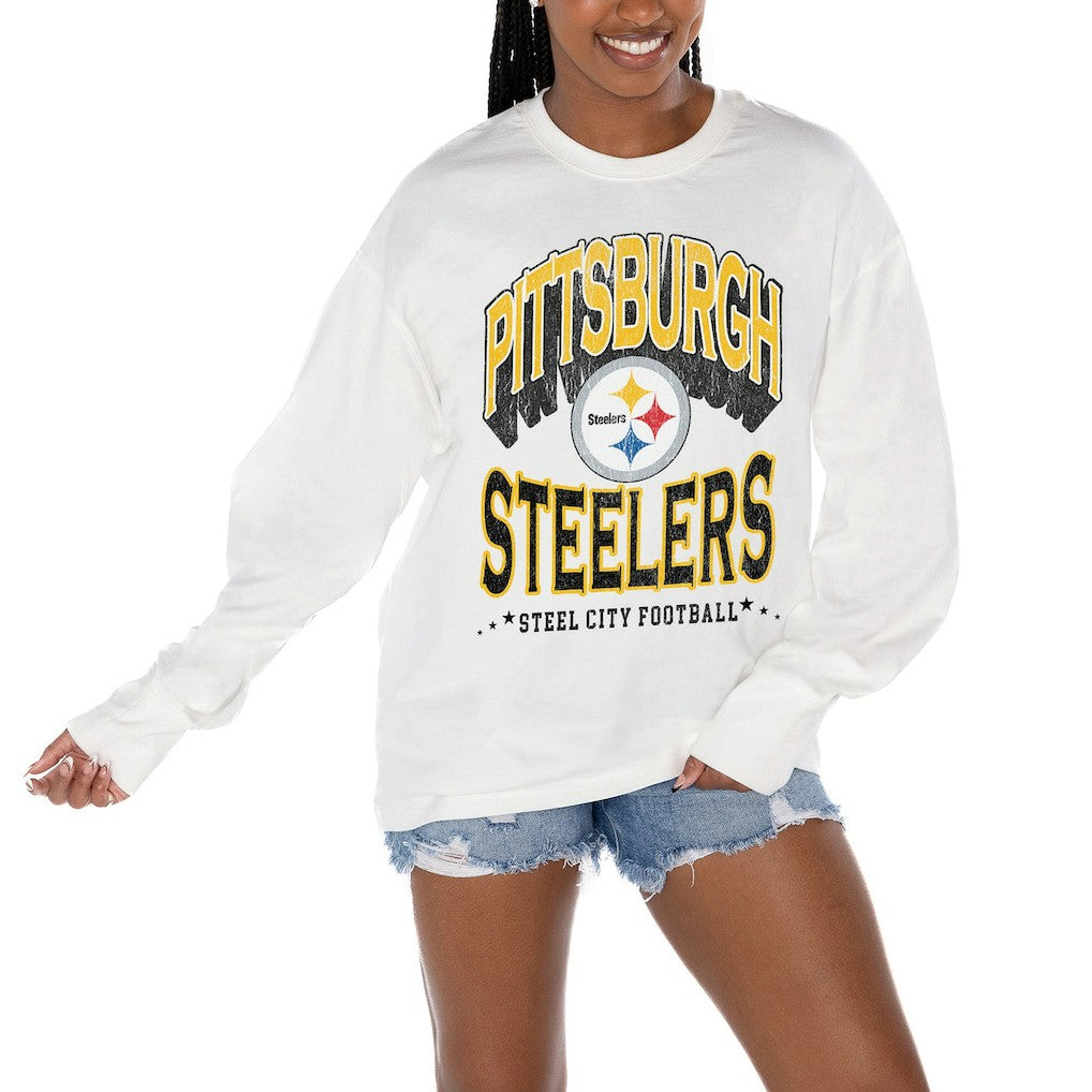Pittsburgh Steelers Gameday Couture Women's Time Out Oversized Long Sleeve T-Shirt - White sale