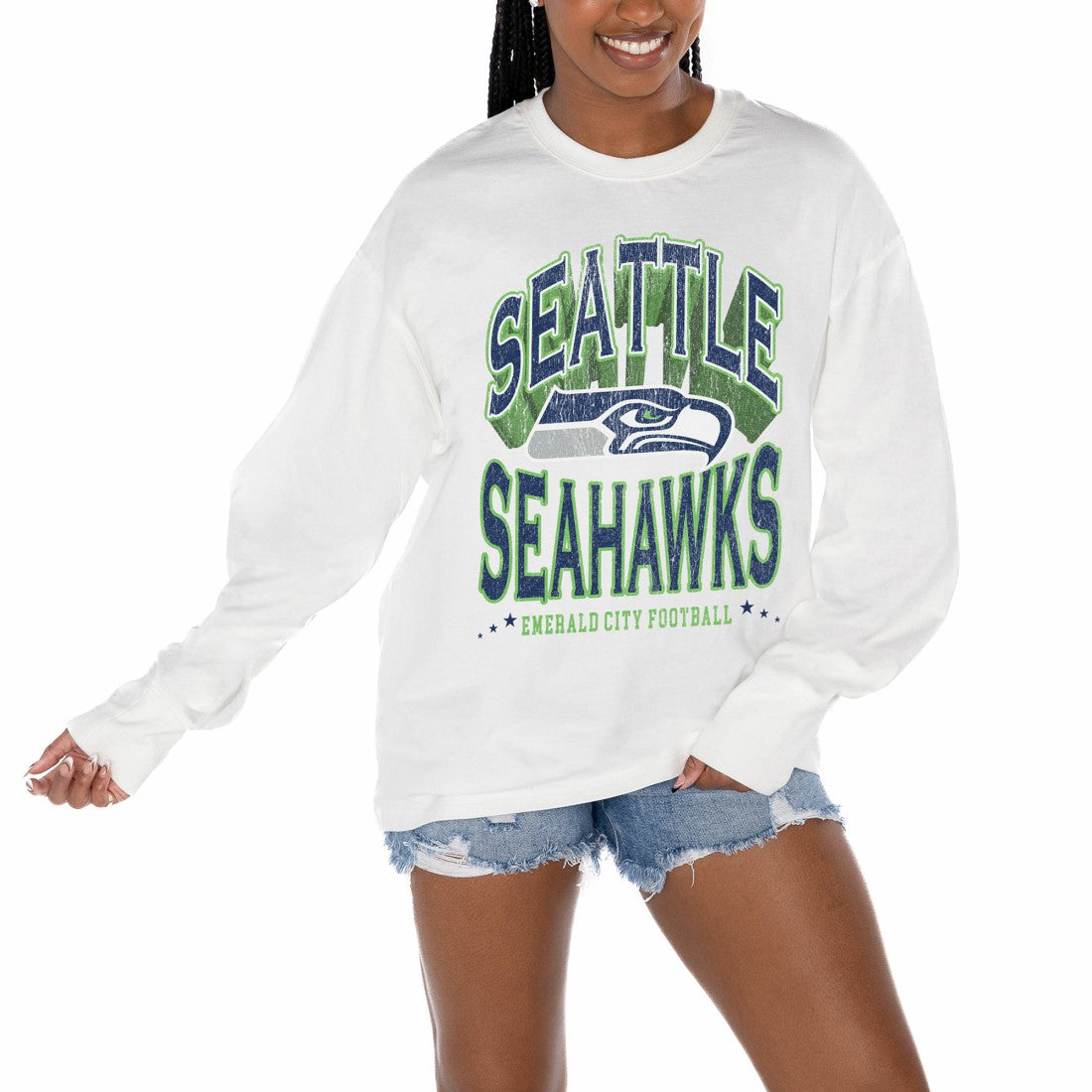 Seattle Seahawks Gameday Couture Women's Time Out Oversized Long Sleeve T-Shirt - White on sale