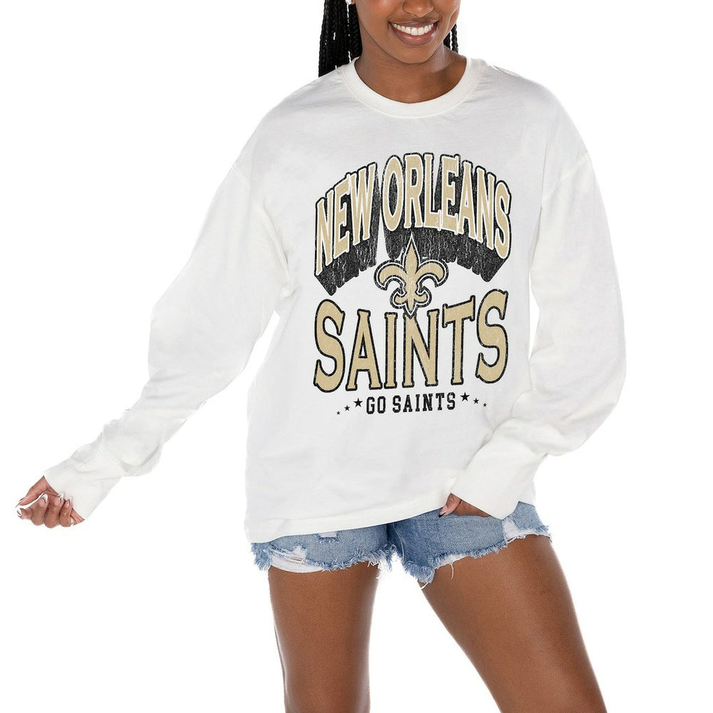 New Orleans Saints Gameday Couture Women's Time Out Oversized Long Sleeve T-Shirt - White for sale