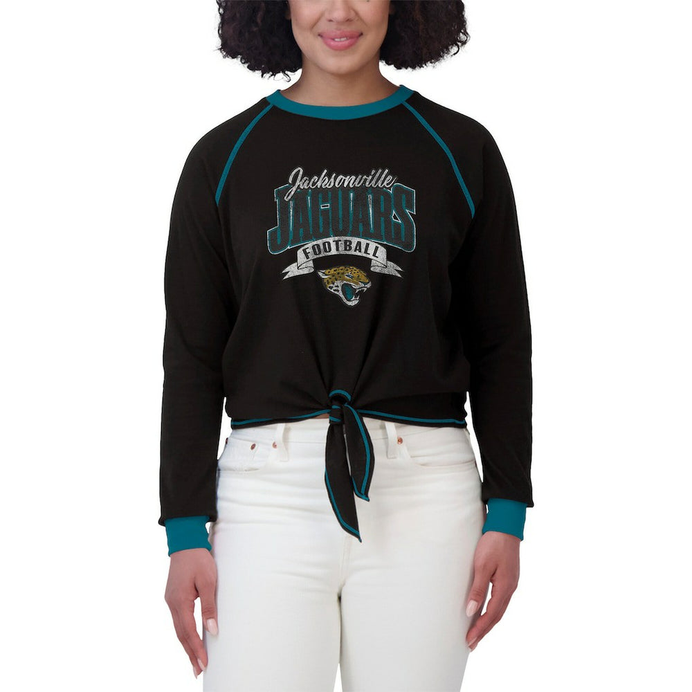 Jacksonville Jaguars WEAR by Erin Andrews Women's Plus Size Tie-Front Long Sleeve Top - Black/Teal cheap