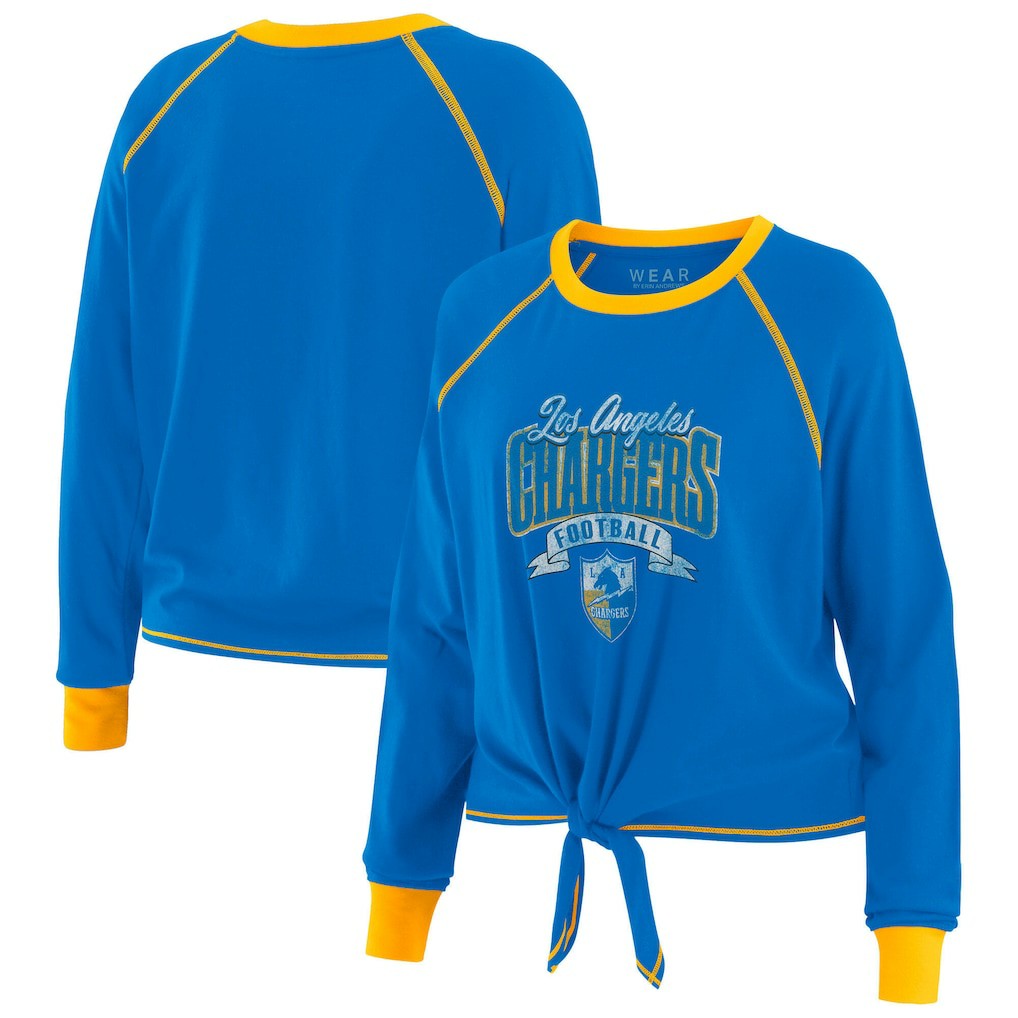 Los Angeles Chargers WEAR by Erin Andrews Women's Plus Size Tie-Front Long Sleeve Top - Powder Blue/Gold sale