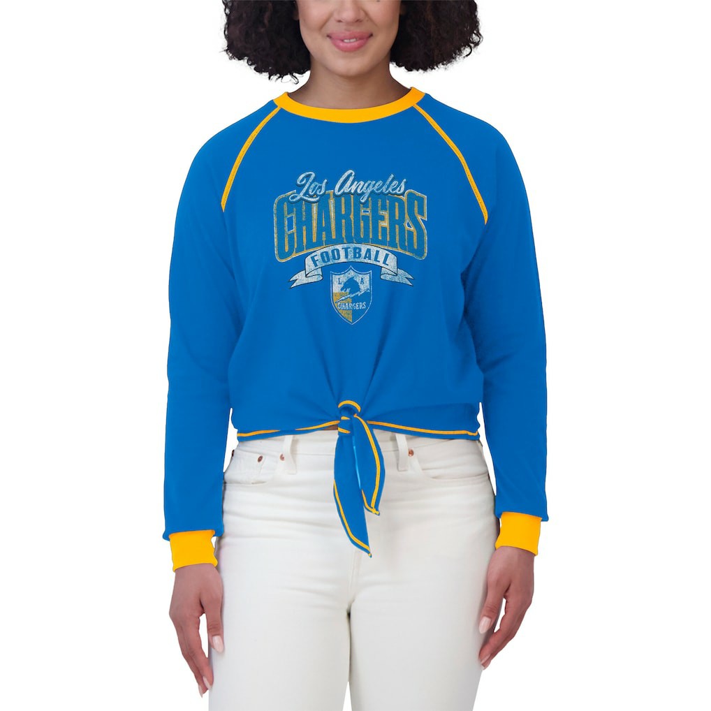 Los Angeles Chargers WEAR by Erin Andrews Women's Plus Size Tie-Front Long Sleeve Top - Powder Blue/Gold sale