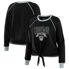 Las Vegas Raiders WEAR by Erin Andrews Women's Plus Size Tie-Front Long Sleeve Top - Black/Gray for sale