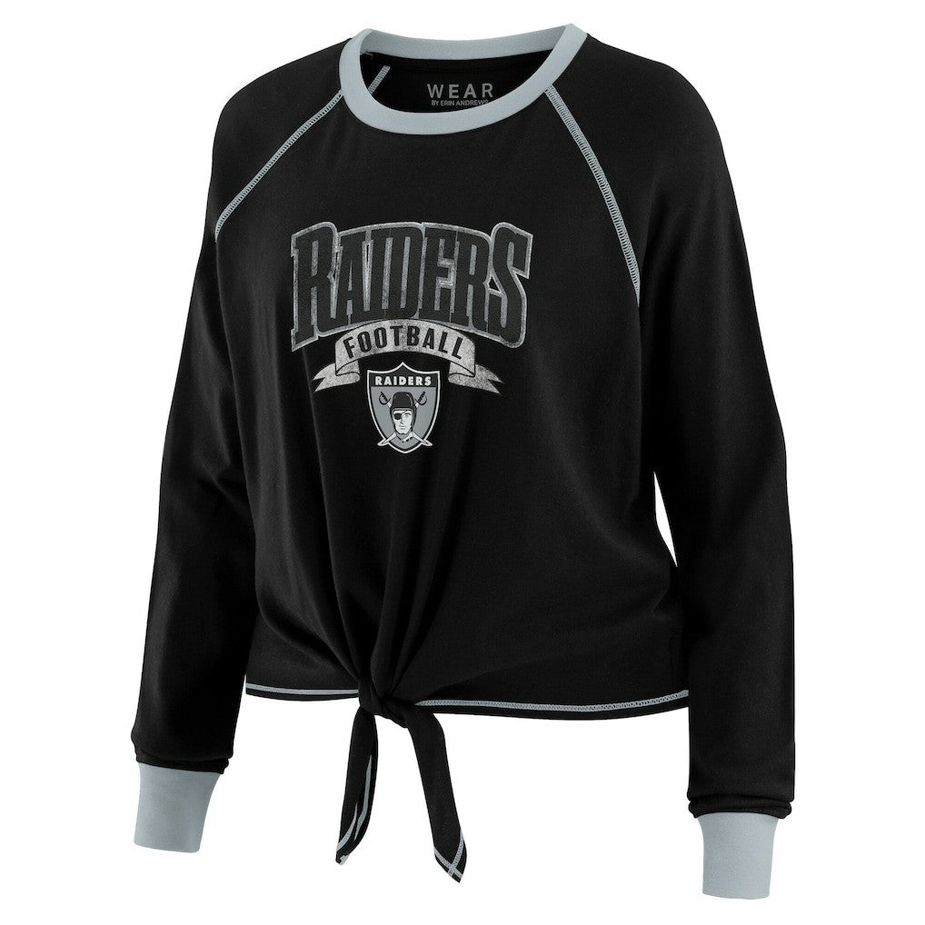 Las Vegas Raiders WEAR by Erin Andrews Women's Plus Size Tie-Front Long Sleeve Top - Black/Gray for sale