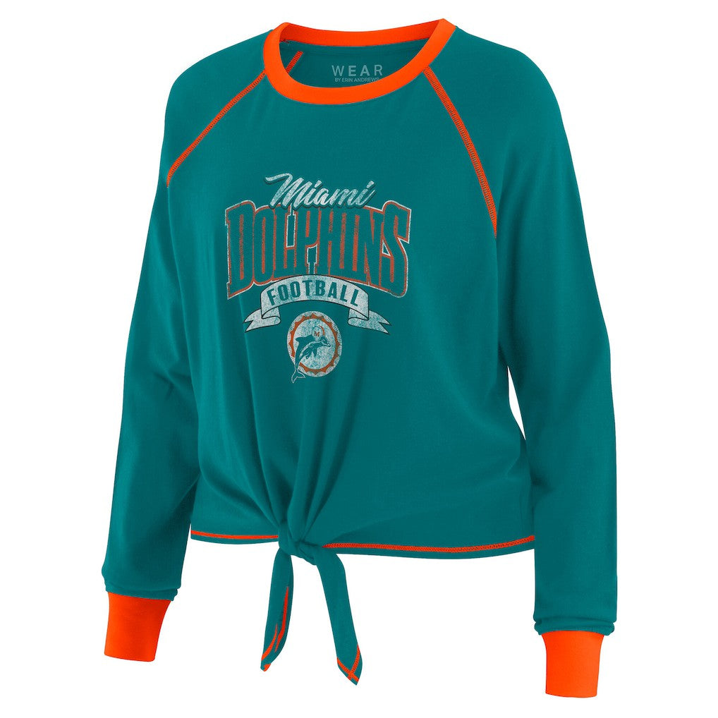 Miami Dolphins WEAR by Erin Andrews Women's Plus Size Tie-Front Long Sleeve Top - Aqua/Orange cheap