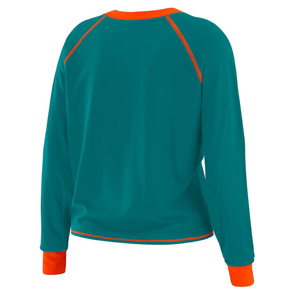 Miami Dolphins WEAR by Erin Andrews Women's Plus Size Tie-Front Long Sleeve Top - Aqua/Orange cheap