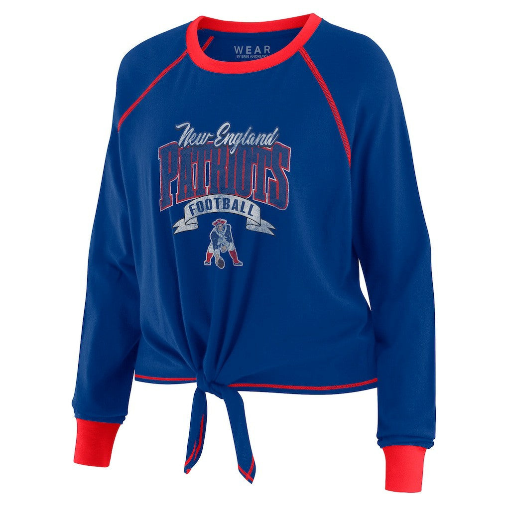 New England Patriots WEAR by Erin Andrews Women's Plus Size Tie-Front Long Sleeve Top - Royal/Red on sale