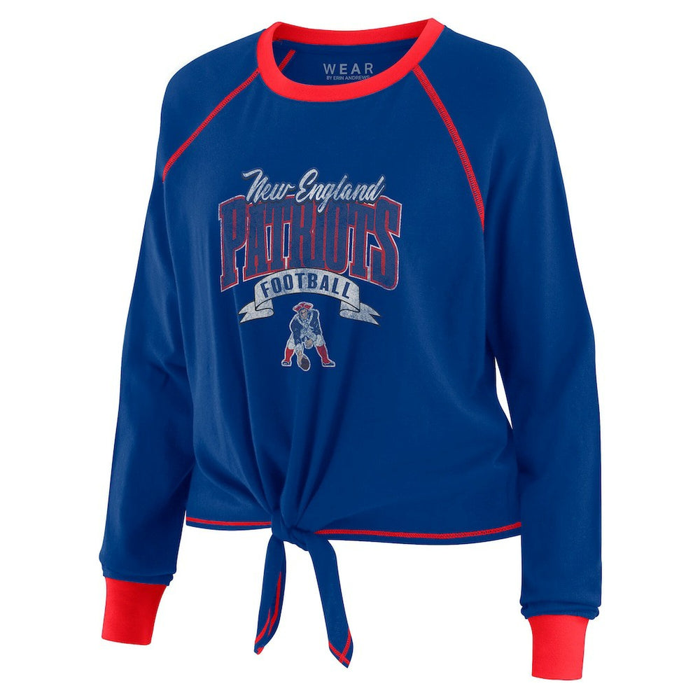 New England Patriots WEAR by Erin Andrews Women's Plus Size Tie-Front Long Sleeve Top - Royal/Red on sale
