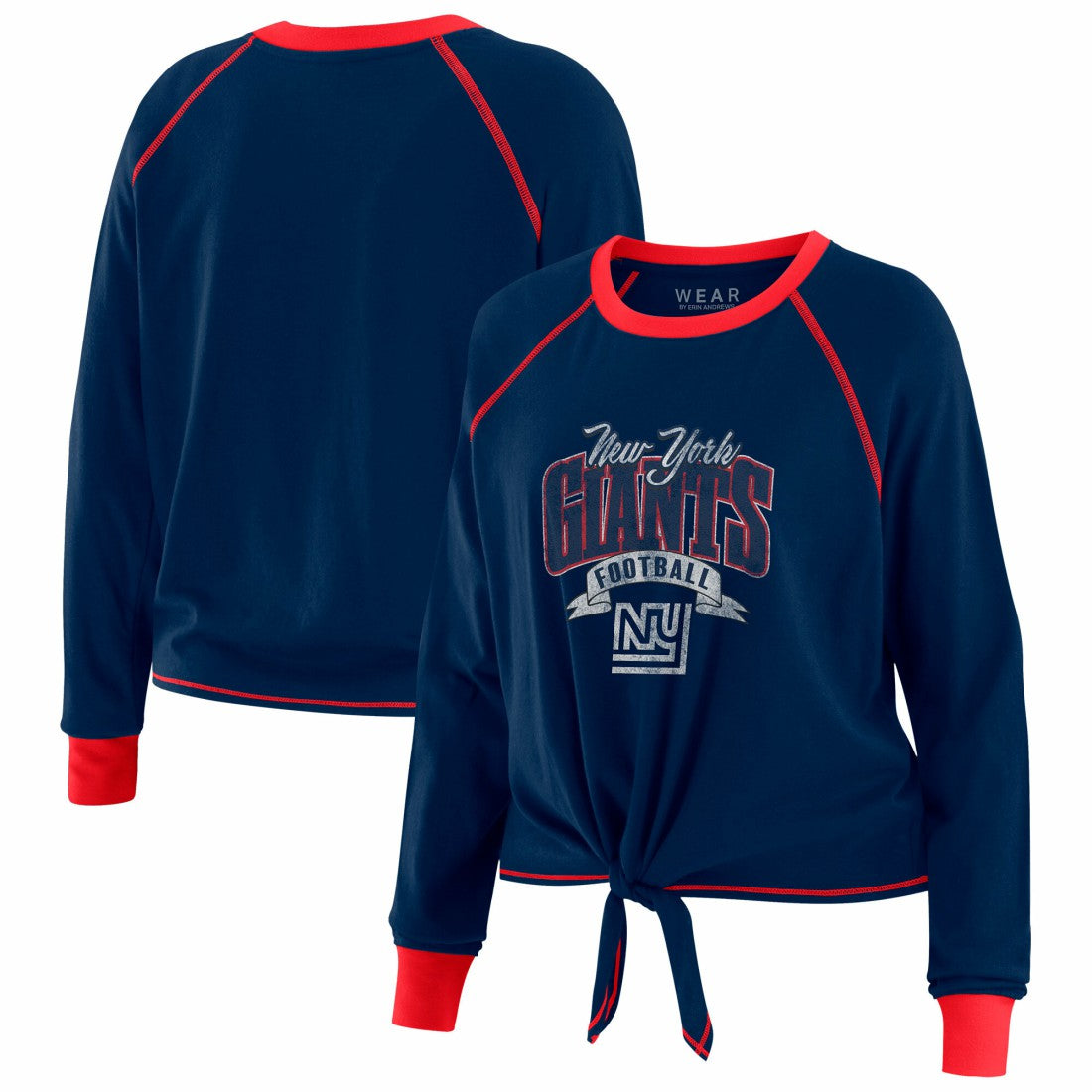 New York Giants WEAR by Erin Andrews Women's Plus Size Tie-Front Long Sleeve Top - Royal/Red on sale