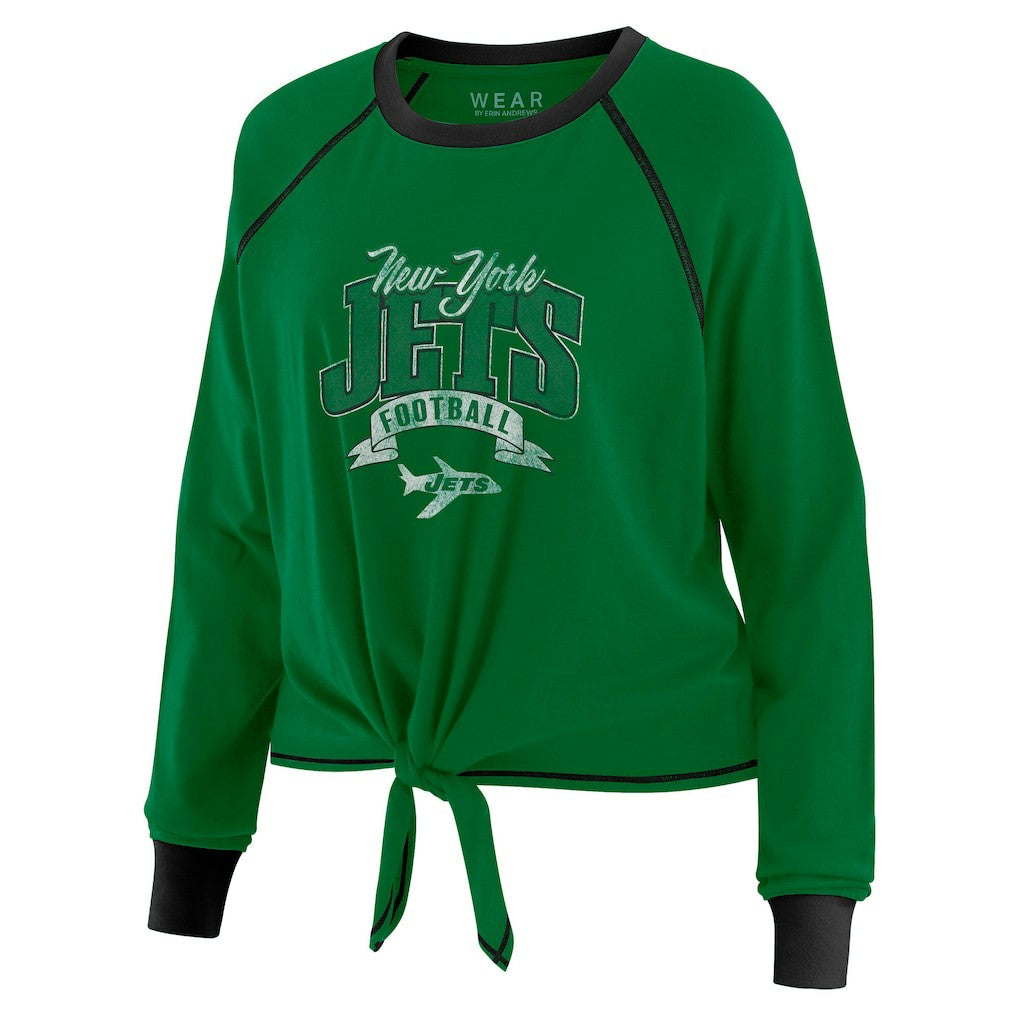 New York Jets WEAR by Erin Andrews Women's Plus Size Tie-Front Long Sleeve Top - Green/Black cheap