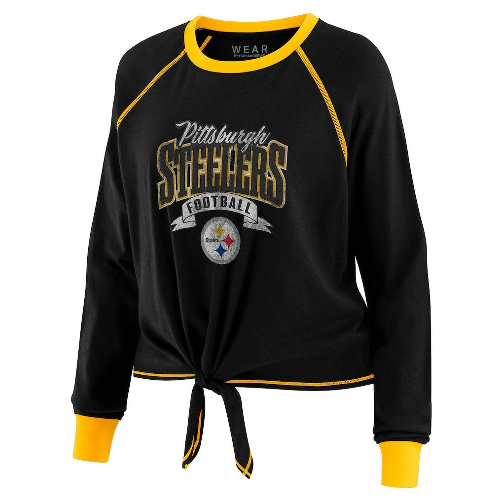 Pittsburgh Steelers WEAR by Erin Andrews Women's Plus Size Tie-Front Long Sleeve Top - Black/Gold online