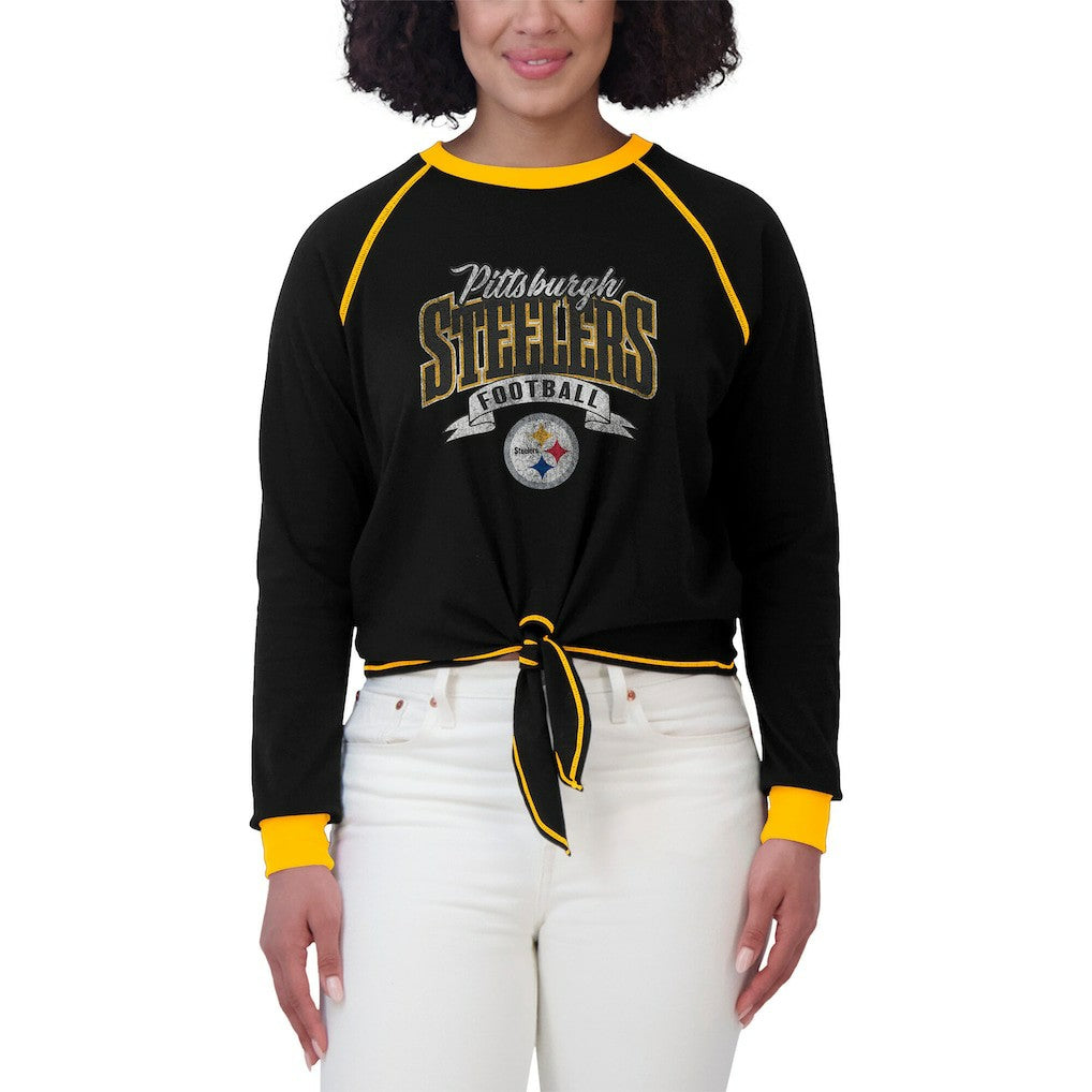 Pittsburgh Steelers WEAR by Erin Andrews Women's Plus Size Tie-Front Long Sleeve Top - Black/Gold online
