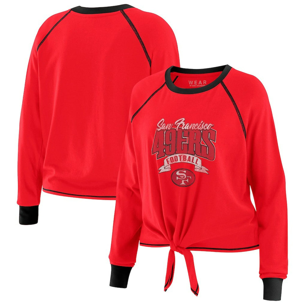 San Francisco 49ers WEAR by Erin Andrews Women's Plus Size Tie-Front Long Sleeve Top - Scarlet/Black discount