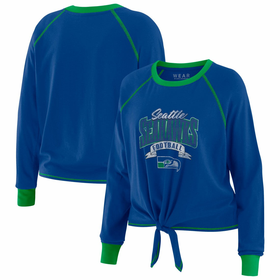 Seattle Seahawks WEAR by Erin Andrews Women's Plus Size Tie-Front Long Sleeve Top - Royal/Neon Green for sale
