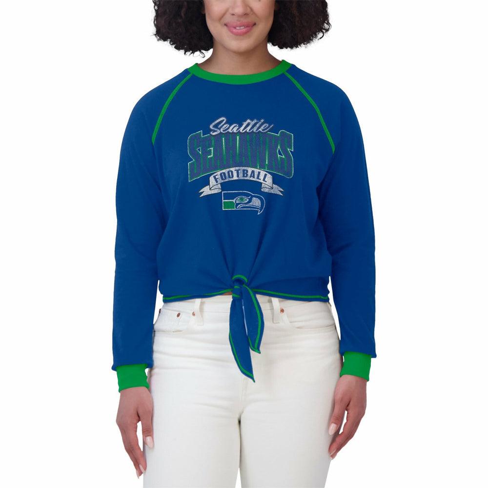 Seattle Seahawks WEAR by Erin Andrews Women's Plus Size Tie-Front Long Sleeve Top - Royal/Neon Green for sale