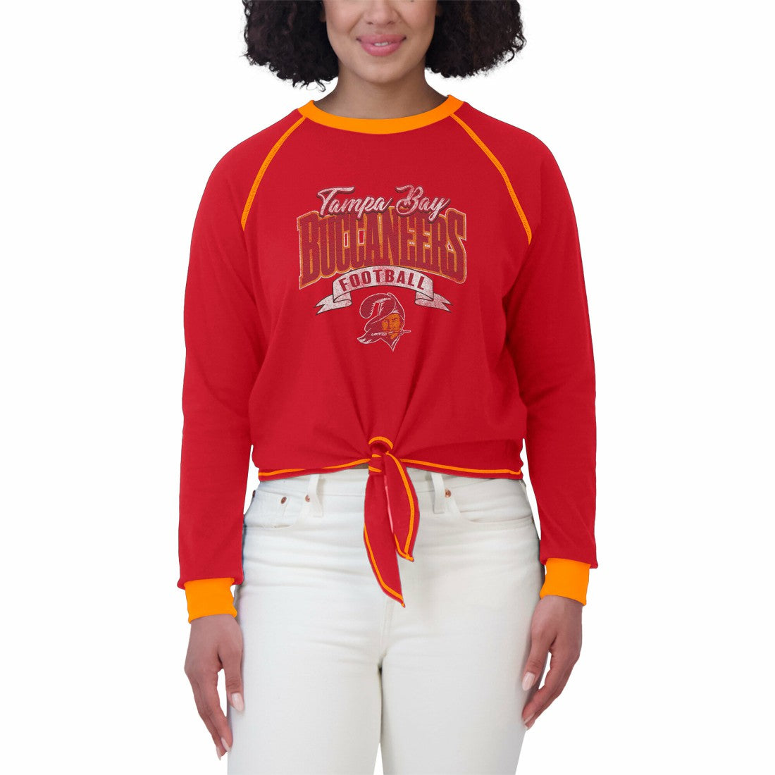 Tampa Bay Buccaneers WEAR by Erin Andrews Women's Plus Size Tie-Front Long Sleeve Top - Red/Orange cheap