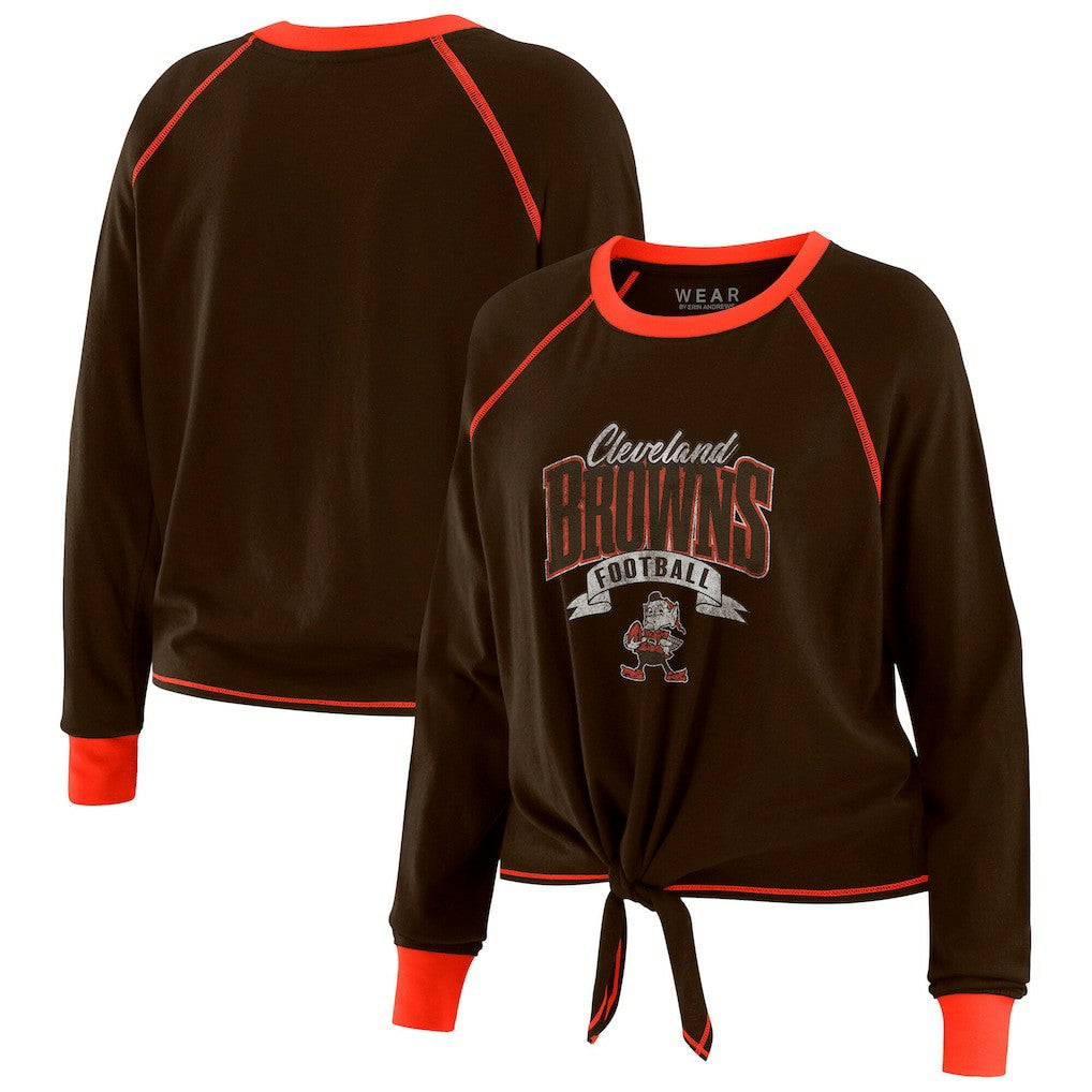 Cleveland Browns WEAR by Erin Andrews Women's Plus Size Tie-Front Long Sleeve Top - Brown/Orange sale