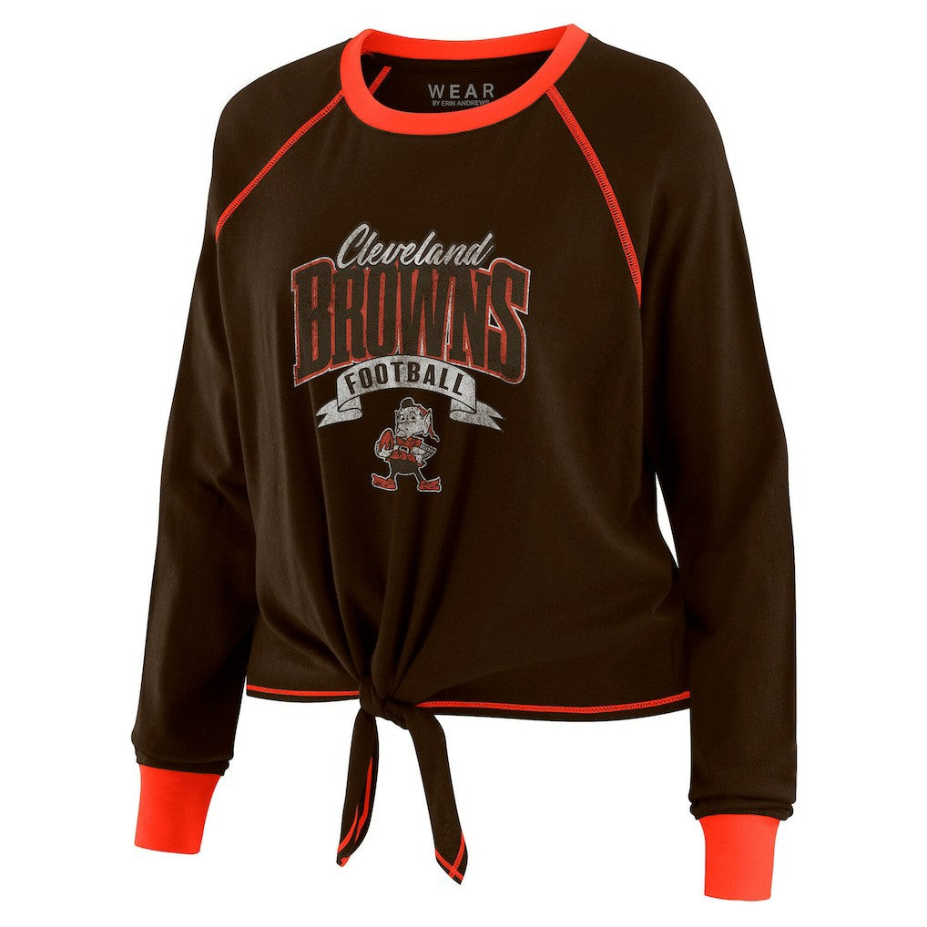 Cleveland Browns WEAR by Erin Andrews Women's Plus Size Tie-Front Long Sleeve Top - Brown/Orange sale