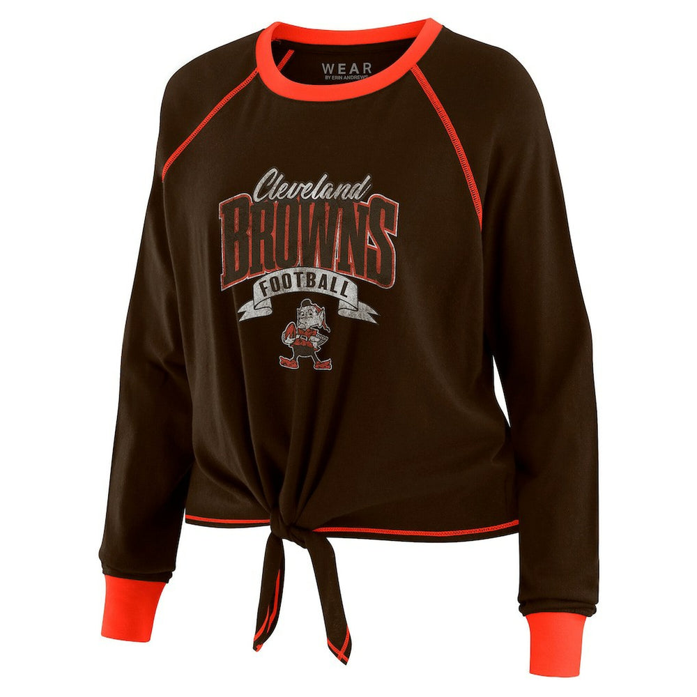 Cleveland Browns WEAR by Erin Andrews Women's Plus Size Tie-Front Long Sleeve Top - Brown/Orange sale